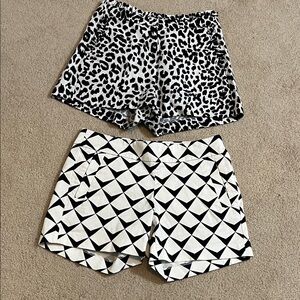 Two J. Crew Shorts: Black & White Geometric and Leopard Print, Size 00/0